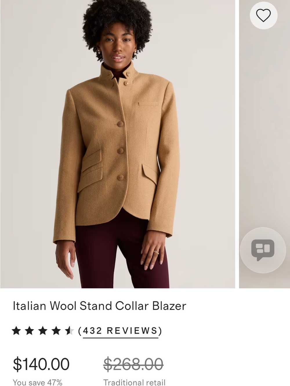 Quince Camel Brown Stand-Collar Wool Blend Blazer